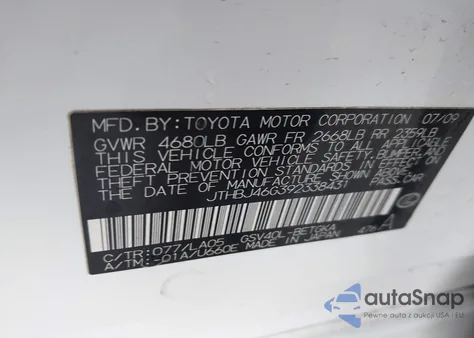 2009 Lexus Es 350 z USA, uszkodzony, nr VIN JTHBJ46G392338431